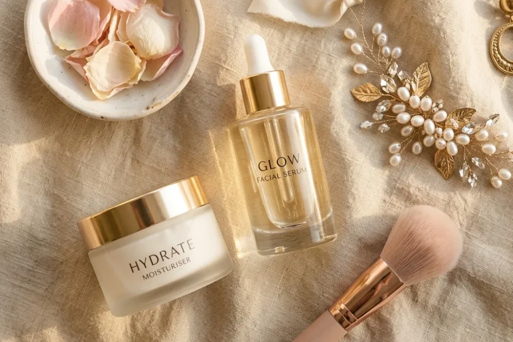 Bride's skincare and beauty essentials laid out in soft natural light