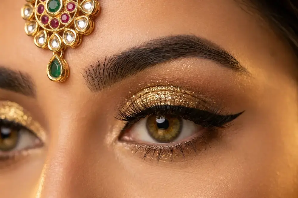 Macro close-up of bridal eye makeup with gold shimmer and kundan jewellery