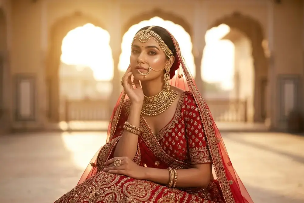 Indian bride with long-wearing bridal makeup in warm evening light